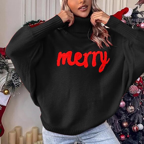 Oversized Christmas Black Sweater Women 2025 Merry Turtleneck Batwing Sleeve - Picture 3 of 6